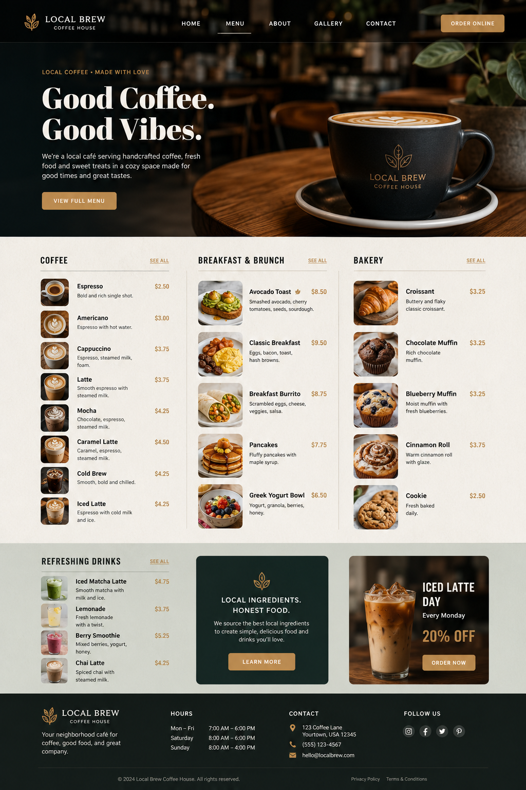 House‑roasted coffee being poured